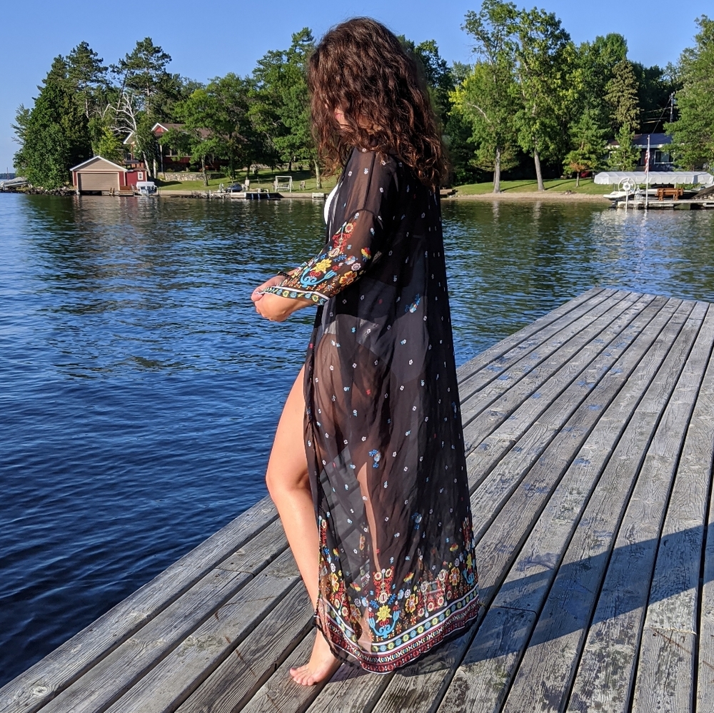 Sexy black kimono beach cover-up